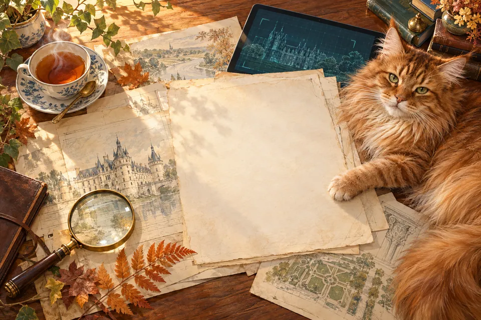 Interprétation illustrée de l’atelier de Violette : papiers anciens, tablette, tasse de thé et Maine Coon curieux.